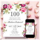 Roze Floral 100th Birthday Invitation Kaart
