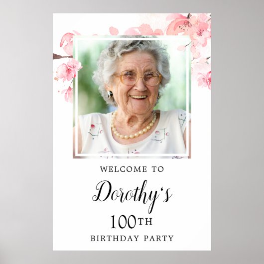 Roze Floral 100th Birthday Party Foto Welkom Poster (Voorkant)