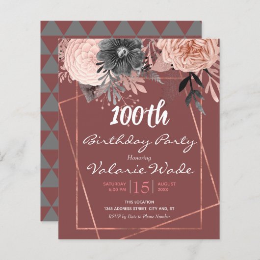Roze Floral 100th Birthday Party Invitation (Voorkant / Achterkant)