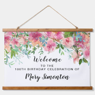 Roze Floral 100th Birthday Party Welcome Banner Hangend Wandkleed