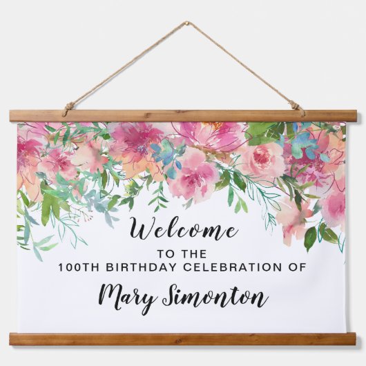 Roze Floral 100th Birthday Party Welcome Banner Hangend Wandkleed (Voorkant)