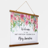 Roze Floral 100th Birthday Party Welcome Banner Hangend Wandkleed (Gebogen)