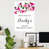 Roze Floral 100th Birthday Party Welcome Poster (Thuiskantoor)