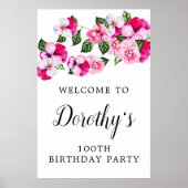 Roze Floral 100th Birthday Party Welcome Poster (Voorkant)