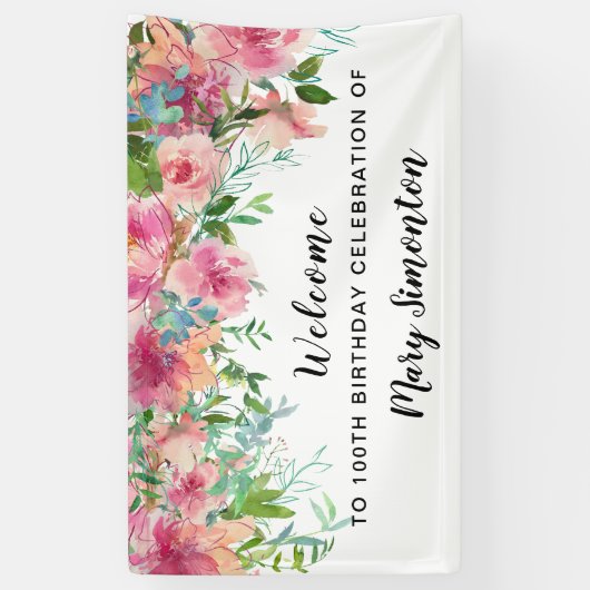 Roze Floral 100th Birthday Party Welcome Spandoek (Verticaal)