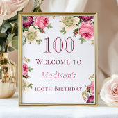 Roze Floral 100th Birthday Welcome Sign Poster