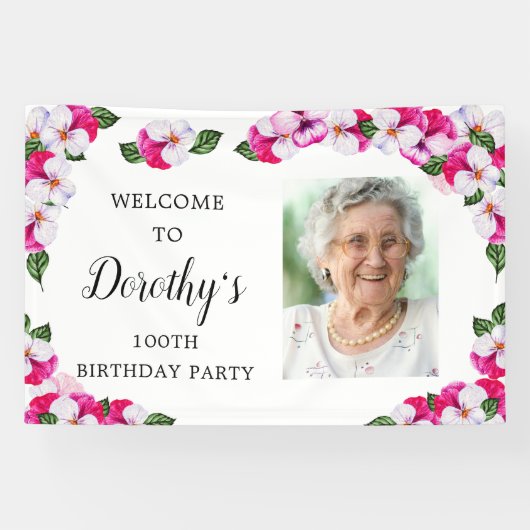 Roze Floral 100th Birthday Welkom Spandoek (Horizontaal)