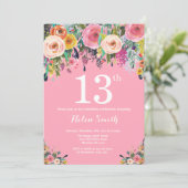 Roze Floral 13e uitnodiging (Staand voorkant)