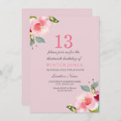 -Roze Floral 13e uitnodiging van de Birthday Party (Voorkant / Achterkant)