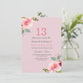 -Roze Floral 13e uitnodiging van de Birthday Party (Staand voorkant)