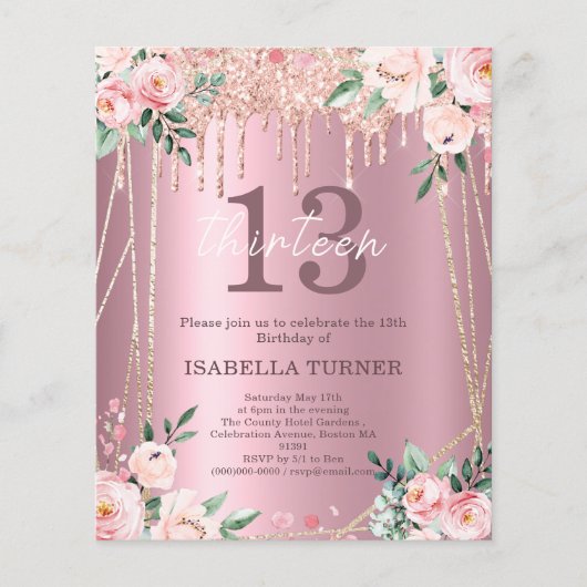 Roze Floral | 13e uitnodiging van Glitter (Voorkant)