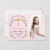  Roze Floral 1e Heilige Communie Dank u wel Bedankkaart (Voorkant)