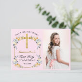  Roze Floral 1e Heilige Communie Dank u wel Bedankkaart (Staand voorkant)