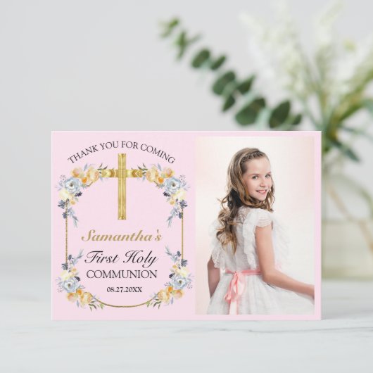  Roze Floral 1e Heilige Communie Dank u wel Bedankkaart (Staand voorkant)