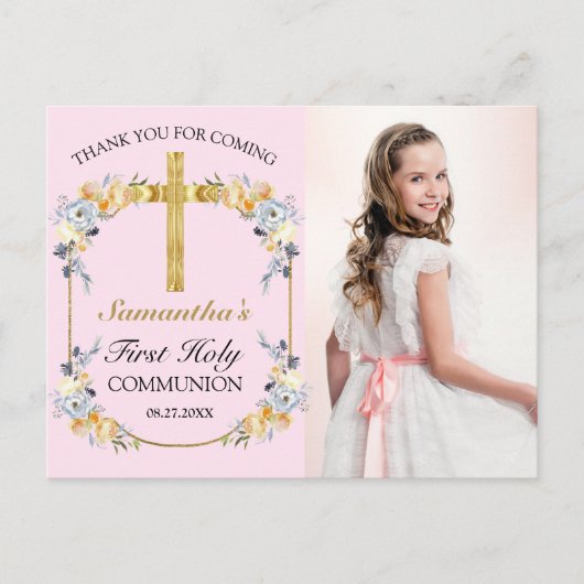  Roze Floral 1e Heilige Communie Dank u wel Briefkaart (Voorkant)