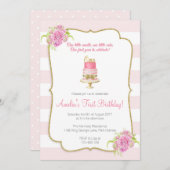 Roze Floral 1e verjaardag eerste uitnodiging (Voorkant / Achterkant)