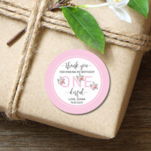 Roze Floral 1e verjaardag Ronde Sticker
