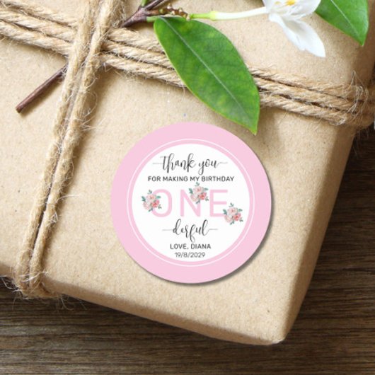 Roze Floral 1e verjaardag Ronde Sticker