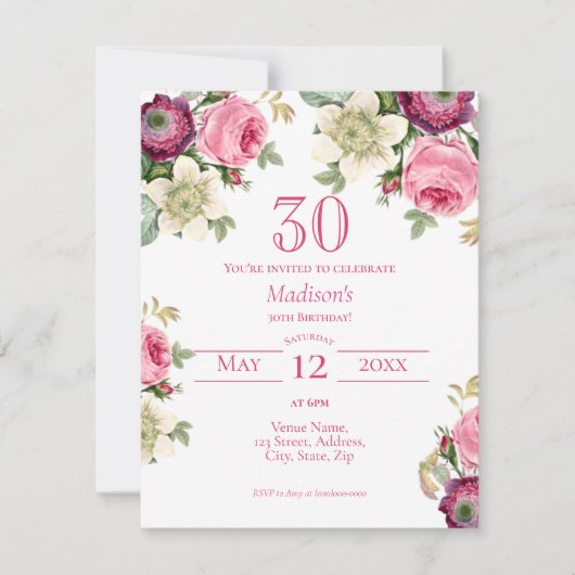 Roze Floral 30th Birthday Invitation Kaart (Voorkant)