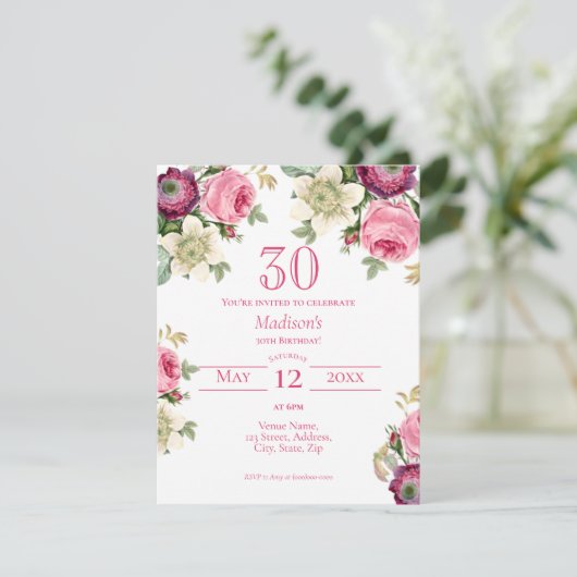 Roze Floral 30th Birthday Invitation Kaart (Staand voorkant)