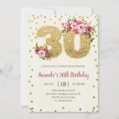 Roze Floral 30th Birthday Invitation Kaart (Voorkant)