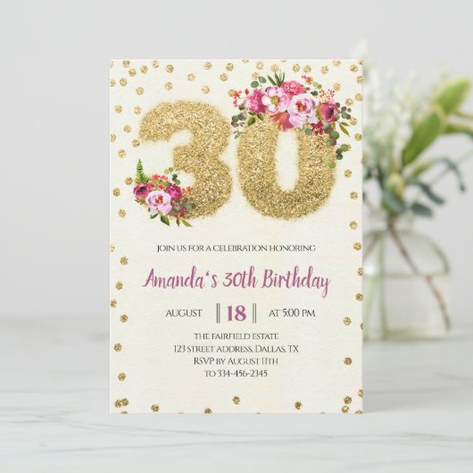 Roze Floral 30th Birthday Invitation Kaart (Staand voorkant)