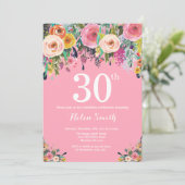 Roze Floral 30th Birthday Invitation Kaart (Staand voorkant)