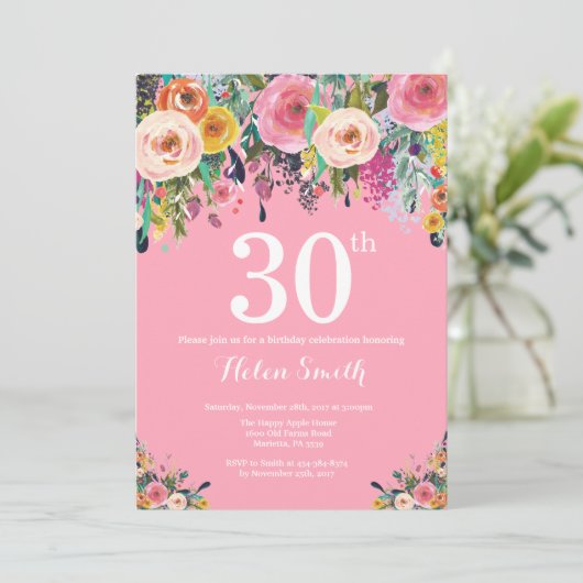Roze Floral 30th Birthday Invitation Kaart (Staand voorkant)