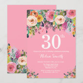 Roze Floral 30th Birthday Invitation Kaart (Voorkant / Achterkant)