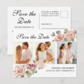 Roze Floral 3 Foto Weddenschap Save the Date Aankondigingskaart (Voorkant / Achterkant)