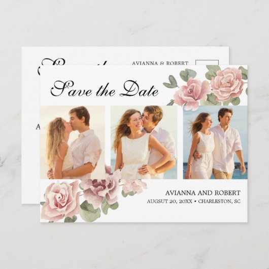 Roze Floral 3 Foto Weddenschap Save the Date Aankondigingskaart (Voorkant / Achterkant)