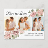 Roze Floral 3 Foto Weddenschap Save the Date Aankondigingskaart (Voorkant)