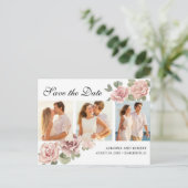 Roze Floral 3 Foto Weddenschap Save the Date Aankondigingskaart (Staand voorkant)