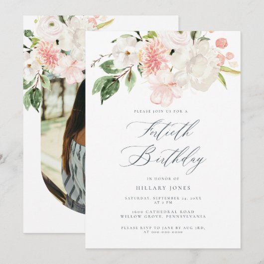 Roze Floral 40ste verjaardag uitnodiging (Voorkant / Achterkant)