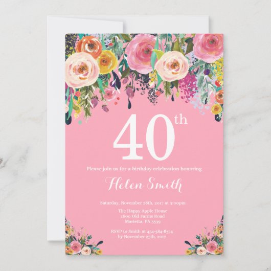 Roze Floral 40th Birthday Invitation Kaart (Voorkant)
