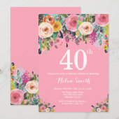 Roze Floral 40th Birthday Invitation Kaart (Voorkant / Achterkant)