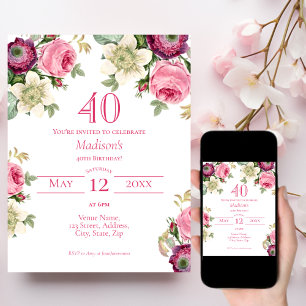 Roze Floral 40th Birthday Invitation Kaart