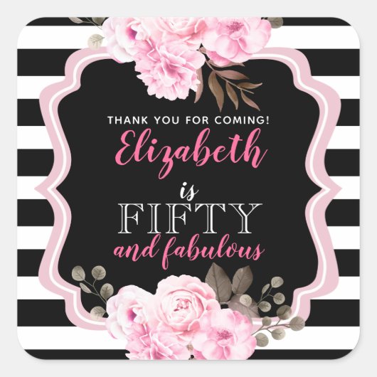 Roze Floral 50 en Fabulous Black Stripe Vierkante Sticker (Voorkant)