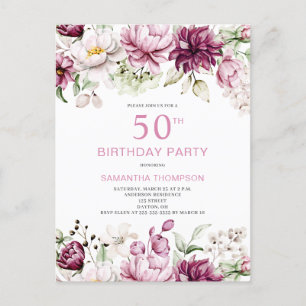 Roze Floral 50th Birthday Invitation Briefkaart