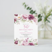 Roze Floral 50th Birthday Invitation Briefkaart (Staand voorkant)