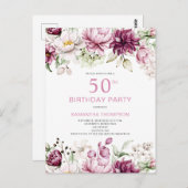 Roze Floral 50th Birthday Invitation Briefkaart (Voorkant / Achterkant)