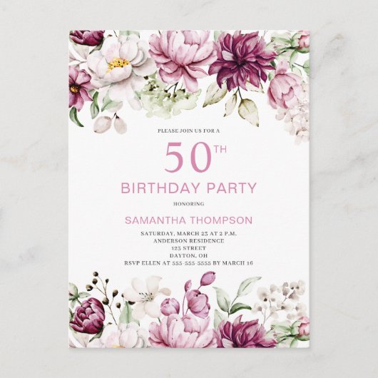 Roze Floral 50th Birthday Invitation Briefkaart (Voorkant)