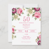 Roze Floral 50th Birthday Invitation Kaart (Voorkant)