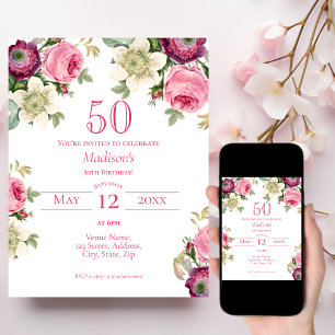 Roze Floral 50th Birthday Invitation Kaart