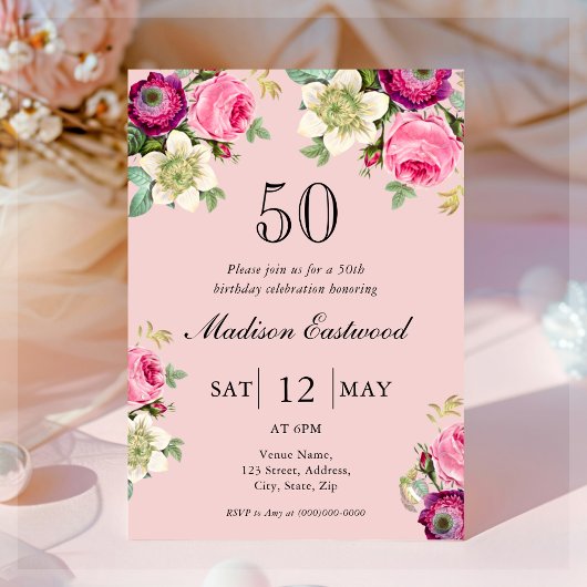 Roze Floral 50th Birthday Invitation Kaart