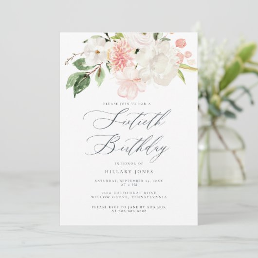 Roze Floral 60ste verjaardag van de uitnodiging va (Staand voorkant)