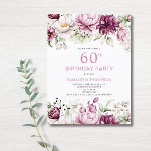Roze Floral 60th Birthday Invitation Briefkaart