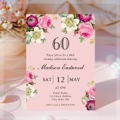 Roze Floral 60th Birthday Invitation Kaart