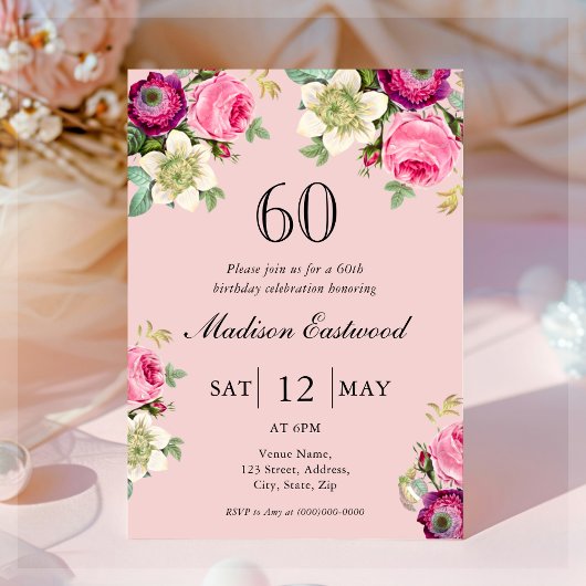 Roze Floral 60th Birthday Invitation Kaart