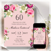 Roze Floral 60th Birthday Invitation Kaart